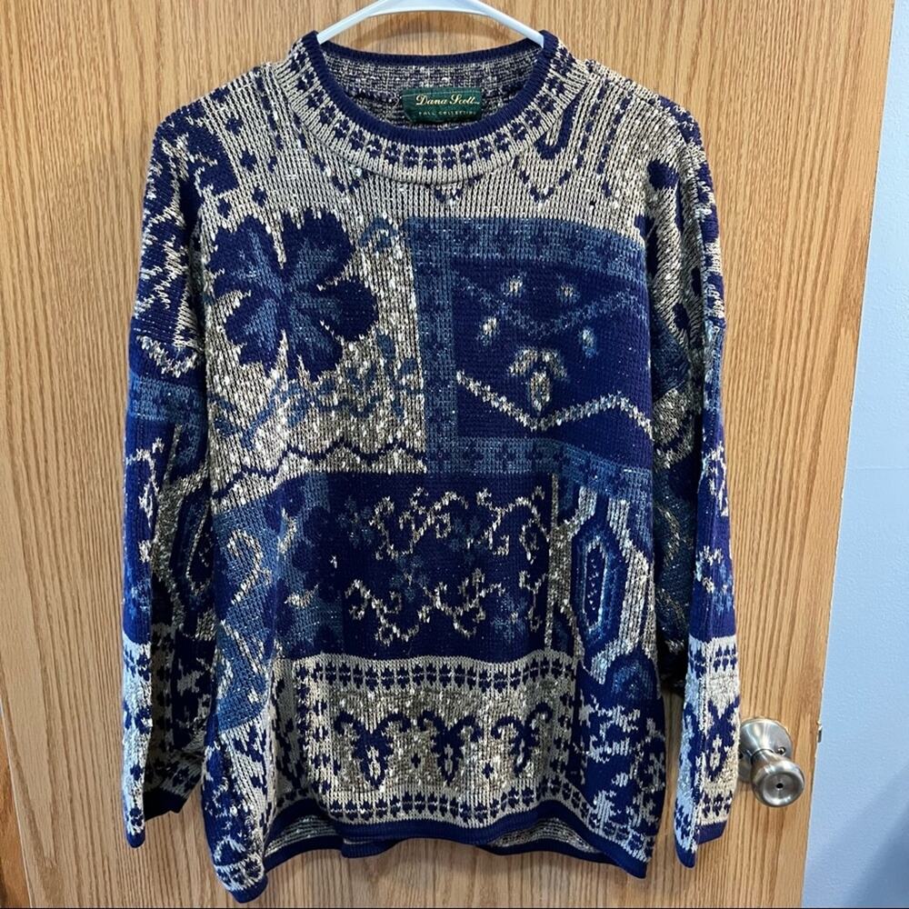 Vintage Dana Scott Hygge Blue Shamrock Pullover Grandpa Sweater Men's Size Large